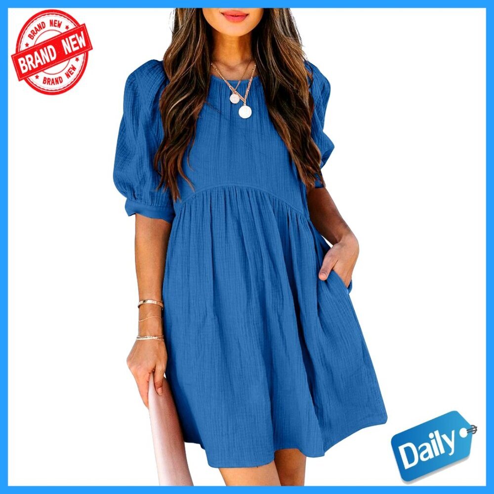 Summer Babydoll Dress Puff Sleeve Empire Waist Mini Skater Swing with Pockets